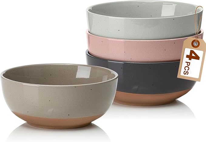Color Large Ceramic Bowls Set of 4, 30 Ounce Cereal, Soup, Salad, Oatmeal, Serving Bowls - Dishwasher & Microwave Safe