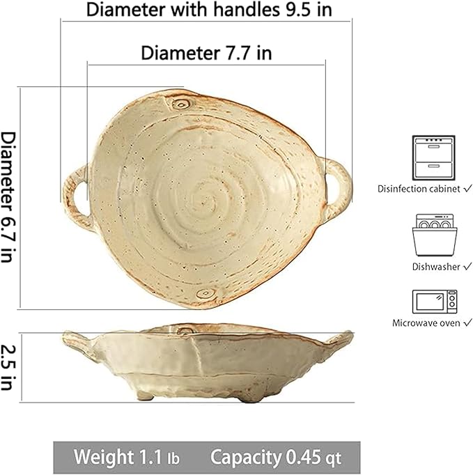 Free-Form Edge Ceramic Bowl with Handles, Retro Distressed Style Glazed for Fruit Bowl,Salad Bowl,Table Centerpiece Decor