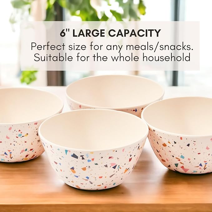 Bamboo Bowl Set of 4 – 6 Inch 20 oz Durable Deep Cereal and Snack Dishware for Kids and Toddlers – Dishwasher Safe, Lightweight Alternative to Plastic or Ceramic (Confetti Design)