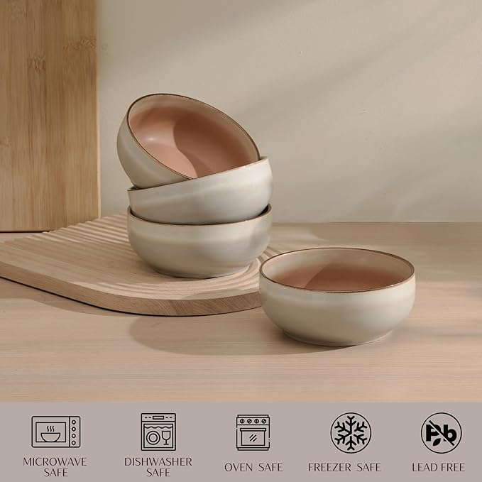 Ceramic Cereal Bowls Set of 4-21 oz Stoneware Bowls for Soup, Salad, Dessert or Ice Cream - Stackable, Dishwasher & Microwave Safe, Small Rustic Bowls for Kitchen -Terracotta/Reactive Glaze