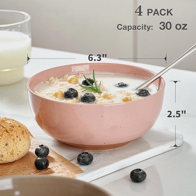 Color Large Ceramic Bowls Set of 4, 30 Ounce Cereal, Soup, Salad, Oatmeal, Serving Bowls - Dishwasher & Microwave Safe