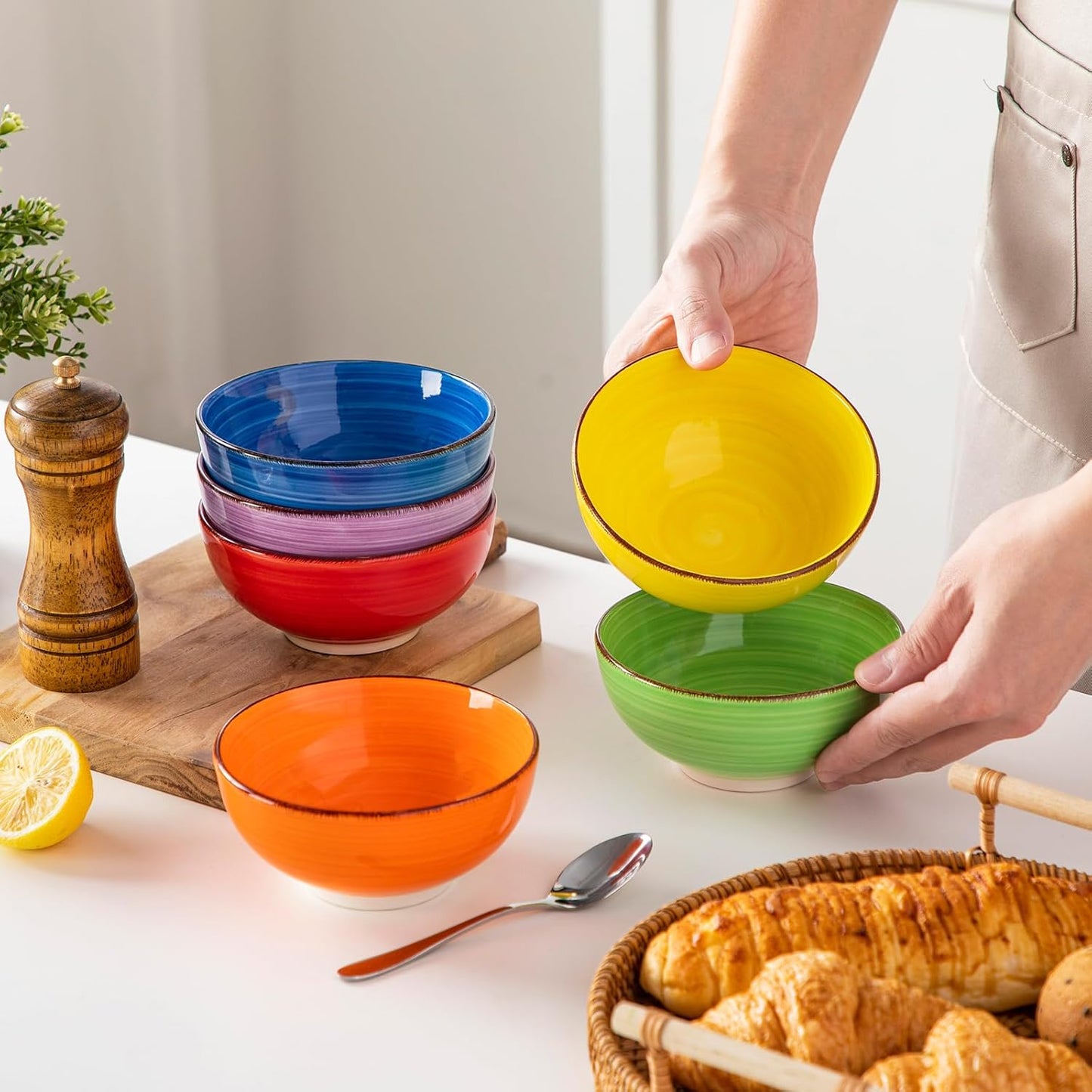 12 Oz Small Bowls Set of 6, Ceramic Mini Dessert & Dipping Dishes, 5" Kids Bowls for Dip and Snacks, Microwave Safe Multicolor