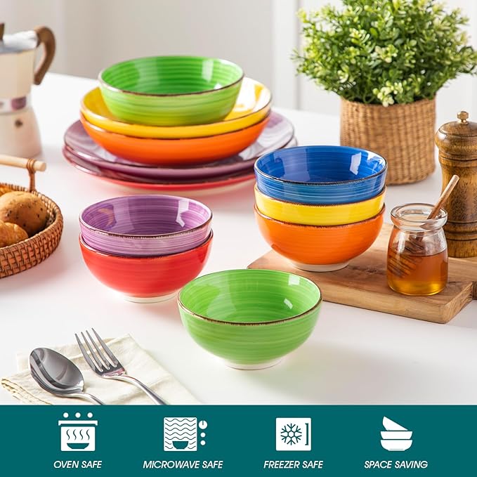 12 Oz Small Bowls Set of 6, Ceramic Mini Dessert & Dipping Dishes, 5" Kids Bowls for Dip and Snacks, Microwave Safe Multicolor