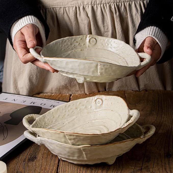 Free-Form Edge Ceramic Bowl with Handles, Retro Distressed Style Glazed for Fruit Bowl,Salad Bowl,Table Centerpiece Decor