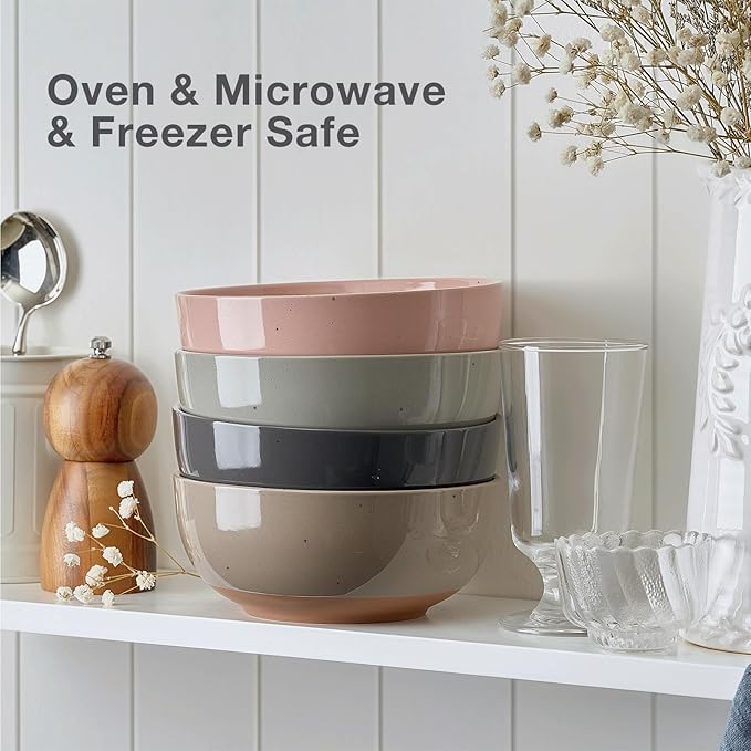 Color Large Ceramic Bowls Set of 4, 30 Ounce Cereal, Soup, Salad, Oatmeal, Serving Bowls - Dishwasher & Microwave Safe