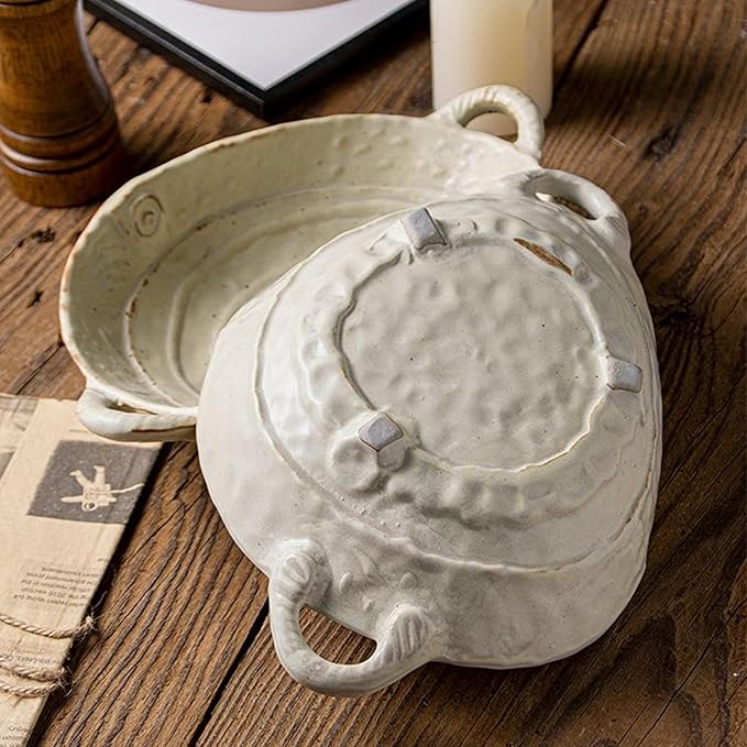 Free-Form Edge Ceramic Bowl with Handles, Retro Distressed Style Glazed for Fruit Bowl,Salad Bowl,Table Centerpiece Decor