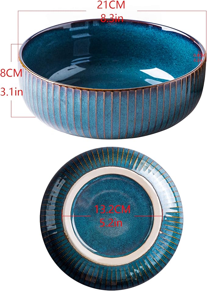 Salad Bowl 66 Oz, 8" Large Soup Bowls, Porcelain Round Serving Bowl Blue Decorative Bowl for Salad, Chip, Cereal, Fruits and Pasta (1pc)