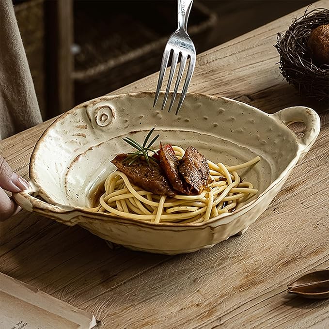 Free-Form Edge Ceramic Bowl with Handles, Retro Distressed Style Glazed for Fruit Bowl,Salad Bowl,Table Centerpiece Decor