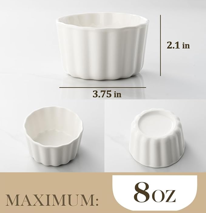 8 oz Small Dessert Bowls, Ramekins Oven Safe, Ceramic Small Serving Bowls for Dessert, Snacks, Creme Brulee, Ice Cream, Set of 6, White