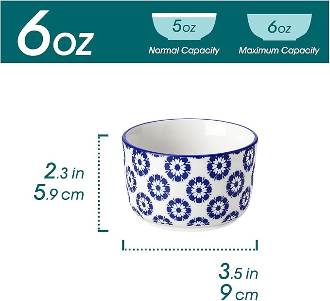 6 oz Ceramic Ramekins Set of 6, Microwave & Dishwasher Safe Souffle Cups for Baking, Dip & Sauce, Desserts, Handcrafted Blue Floral Bowls