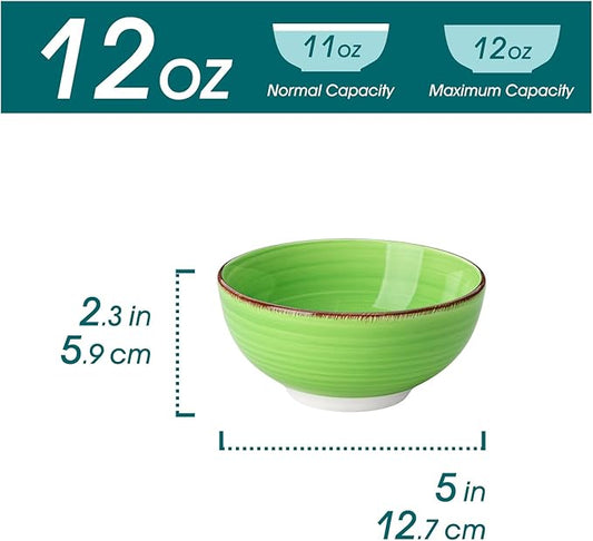 12 Oz Small Bowls Set of 6, Ceramic Mini Dessert & Dipping Dishes, 5" Kids Bowls for Dip and Snacks, Microwave Safe Multicolor