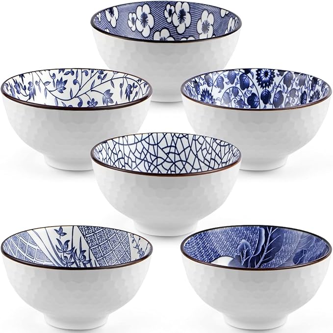 Ceramic Rice Bowls 10 oz, Japanese Style Bowl Gift Set, Assorted Dinnerware Serving Bowls for Cereal, Soup, Dessert, Snack, Fruit, Salsa, Pack of 6 (Blue and White)