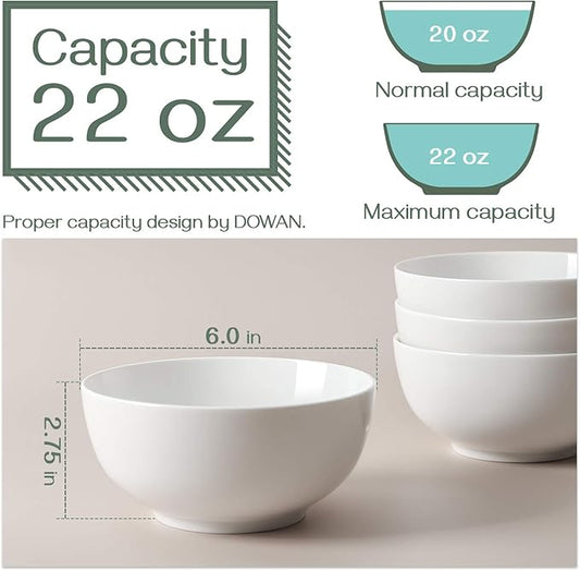22 OZ White Ceramic Bowls Set of 4 - Perfect for Soup Bowls for Kitchen, Cereal Bowl, Ramen Bowl, Microwave Safe for Oatmeal, Fruit,Salad and Rice Bowl - Dishwasher & Microwave Safe