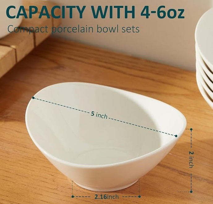 5 Inch Porcelain Small Bowls Set, 6 Ounce small serving bowls for Dessert, Ice Cream, Snack, Dipping, Side Dishes, Microwave & Dishwasher Safe- White