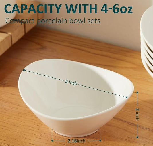 5 Inch Porcelain Small Bowls Set, 6 Ounce small serving bowls for Dessert, Ice Cream, Snack, Dipping, Side Dishes, Microwave & Dishwasher Safe- White