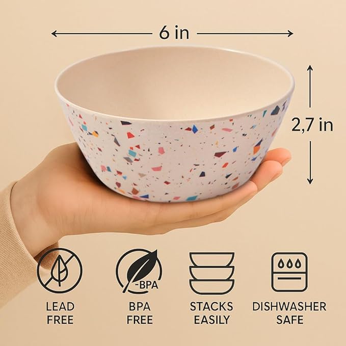 Bamboo Bowl Set of 4 – 6 Inch 20 oz Durable Deep Cereal and Snack Dishware for Kids and Toddlers – Dishwasher Safe, Lightweight Alternative to Plastic or Ceramic (Confetti Design)