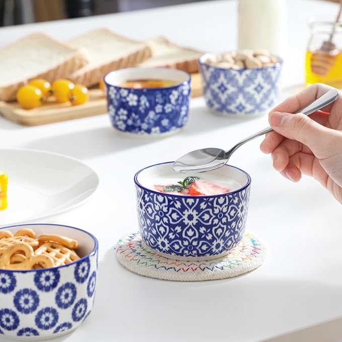 6 oz Ceramic Ramekins Set of 6, Microwave & Dishwasher Safe Souffle Cups for Baking, Dip & Sauce, Desserts, Handcrafted Blue Floral Bowls