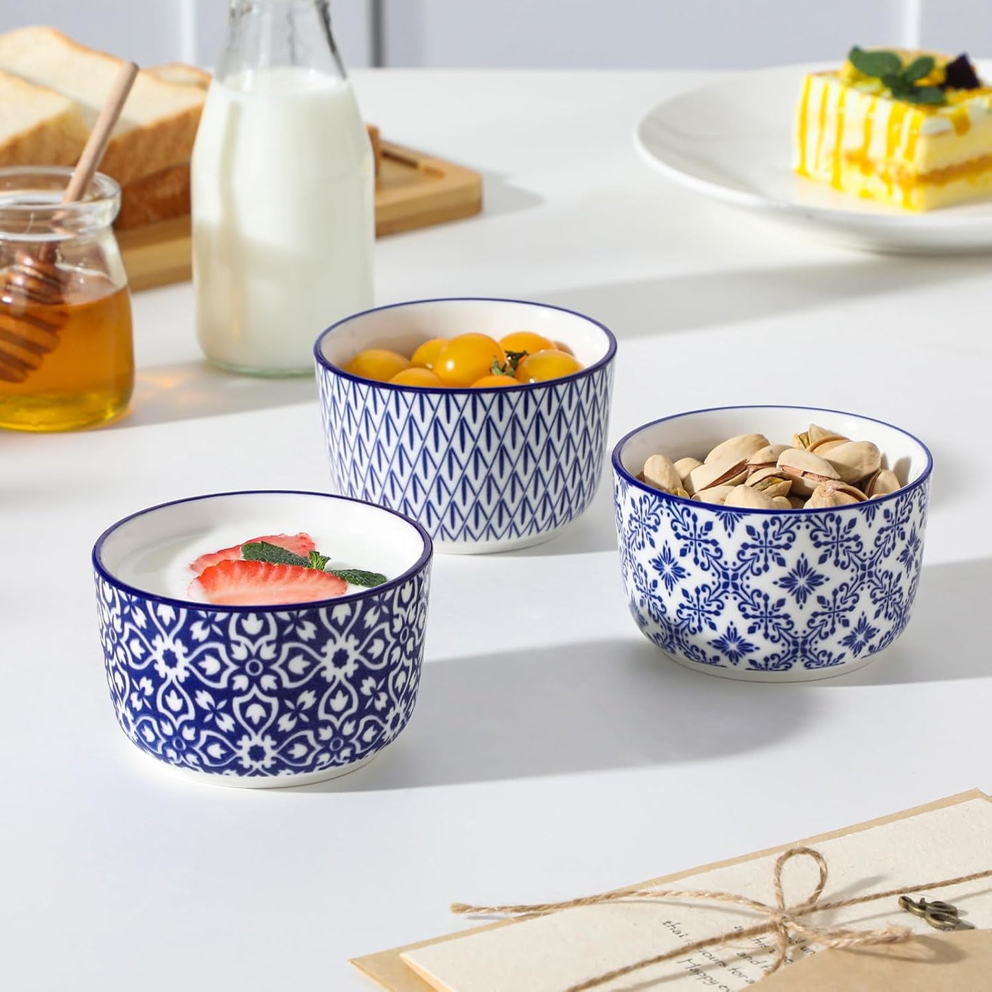 6 oz Ceramic Ramekins Set of 6, Microwave & Dishwasher Safe Souffle Cups for Baking, Dip & Sauce, Desserts, Handcrafted Blue Floral Bowls