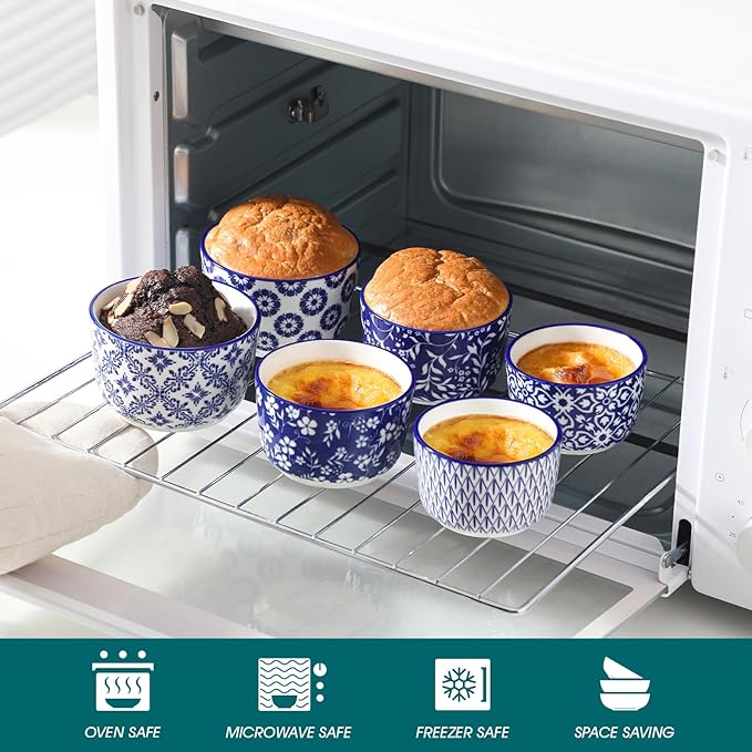 6 oz Ceramic Ramekins Set of 6, Microwave & Dishwasher Safe Souffle Cups for Baking, Dip & Sauce, Desserts, Handcrafted Blue Floral Bowls