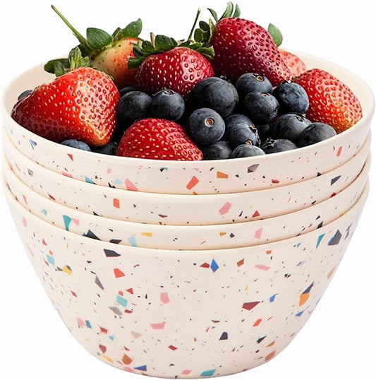 Bamboo Bowl Set of 4 – 6 Inch 20 oz Durable Deep Cereal and Snack Dishware for Kids and Toddlers – Dishwasher Safe, Lightweight Alternative to Plastic or Ceramic (Confetti Design)