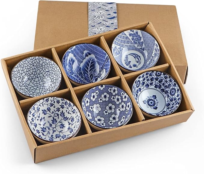 Ceramic Rice Bowls 10 oz, Japanese Style Bowl Gift Set, Assorted Dinnerware Serving Bowls for Cereal, Soup, Dessert, Snack, Fruit, Salsa, Pack of 6 (Blue and White)