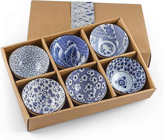 Ceramic Rice Bowls 10 oz, Japanese Style Bowl Gift Set, Assorted Dinnerware Serving Bowls for Cereal, Soup, Dessert, Snack, Fruit, Salsa, Pack of 6 (Blue and White)
