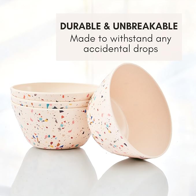 Bamboo Bowl Set of 4 – 6 Inch 20 oz Durable Deep Cereal and Snack Dishware for Kids and Toddlers – Dishwasher Safe, Lightweight Alternative to Plastic or Ceramic (Confetti Design)