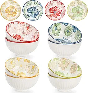 12 Pcs Small Ceramic Bowls, 10 Oz Colorful Dessert Bowls, Little Bowl Set for Rice, Soup, Snack, Ice Cream, Side Dish, Flower Pattern, Kitchen Decor Gift, Microwave & Dishwasher Safe