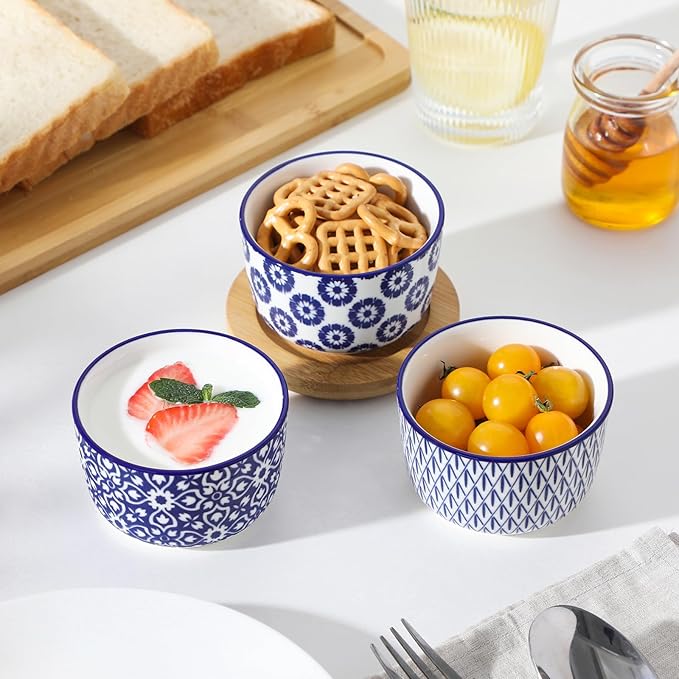 6 oz Ceramic Ramekins Set of 6, Microwave & Dishwasher Safe Souffle Cups for Baking, Dip & Sauce, Desserts, Handcrafted Blue Floral Bowls