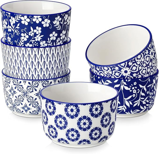 6 oz Ceramic Ramekins Set of 6, Microwave & Dishwasher Safe Souffle Cups for Baking, Dip & Sauce, Desserts, Handcrafted Blue Floral Bowls
