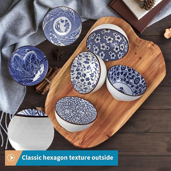Ceramic Rice Bowls 10 oz, Japanese Style Bowl Gift Set, Assorted Dinnerware Serving Bowls for Cereal, Soup, Dessert, Snack, Fruit, Salsa, Pack of 6 (Blue and White)