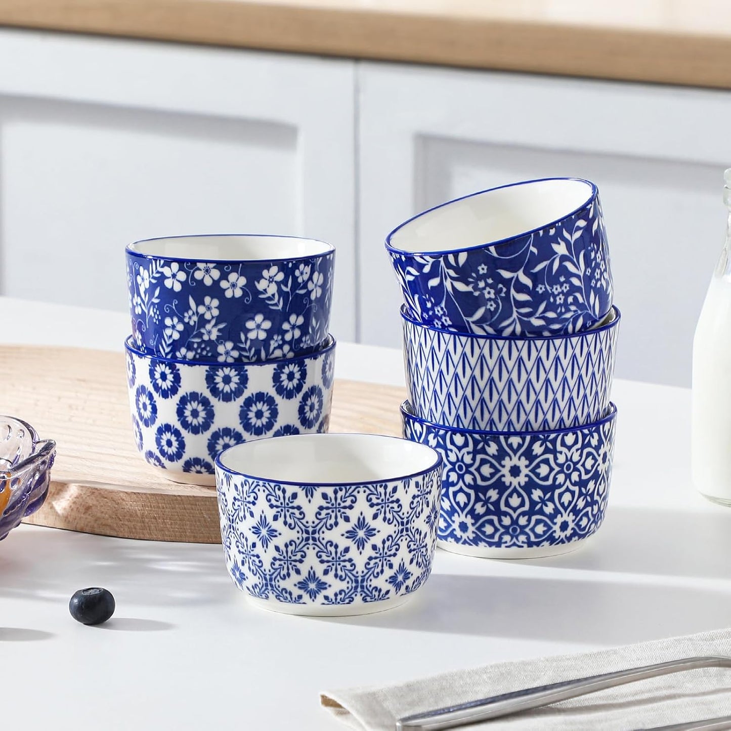 6 oz Ceramic Ramekins Set of 6, Microwave & Dishwasher Safe Souffle Cups for Baking, Dip & Sauce, Desserts, Handcrafted Blue Floral Bowls