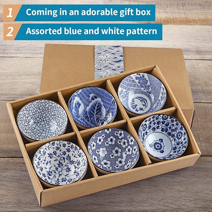 Ceramic Rice Bowls 10 oz, Japanese Style Bowl Gift Set, Assorted Dinnerware Serving Bowls for Cereal, Soup, Dessert, Snack, Fruit, Salsa, Pack of 6 (Blue and White)