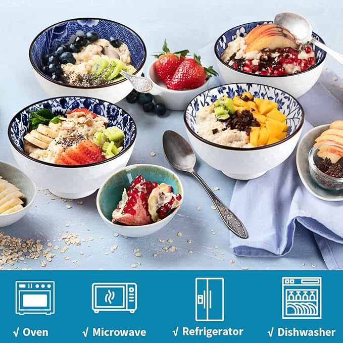 Ceramic Rice Bowls 10 oz, Japanese Style Bowl Gift Set, Assorted Dinnerware Serving Bowls for Cereal, Soup, Dessert, Snack, Fruit, Salsa, Pack of 6 (Blue and White)