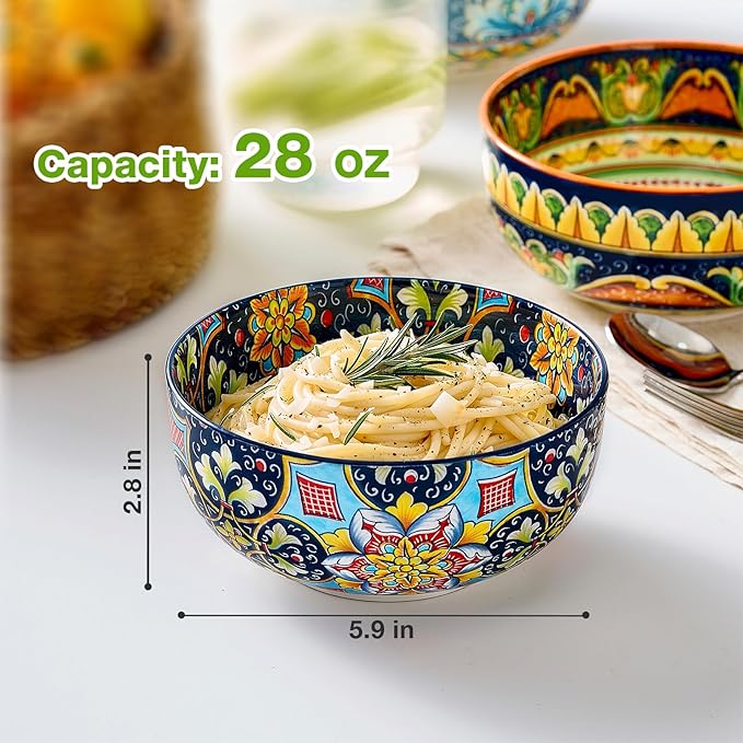 Ceramic Cereal Bowls Set of 6, 28 oz Bohemian Soup Bowl, Colorful Bowls Set for Kitchen, Dessert Bowls for Salad, Pasta, Oatmeal, Ramen, Oatmeal, Fruit, Dishwasher & Microwave Safe