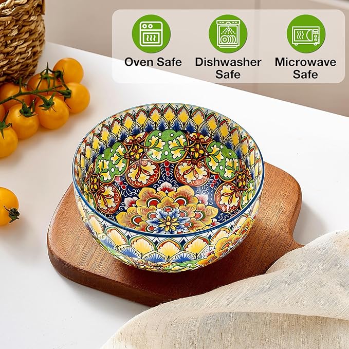 Ceramic Cereal Bowls Set of 6, 28 oz Bohemian Soup Bowl, Colorful Bowls Set for Kitchen, Dessert Bowls for Salad, Pasta, Oatmeal, Ramen, Oatmeal, Fruit, Dishwasher & Microwave Safe