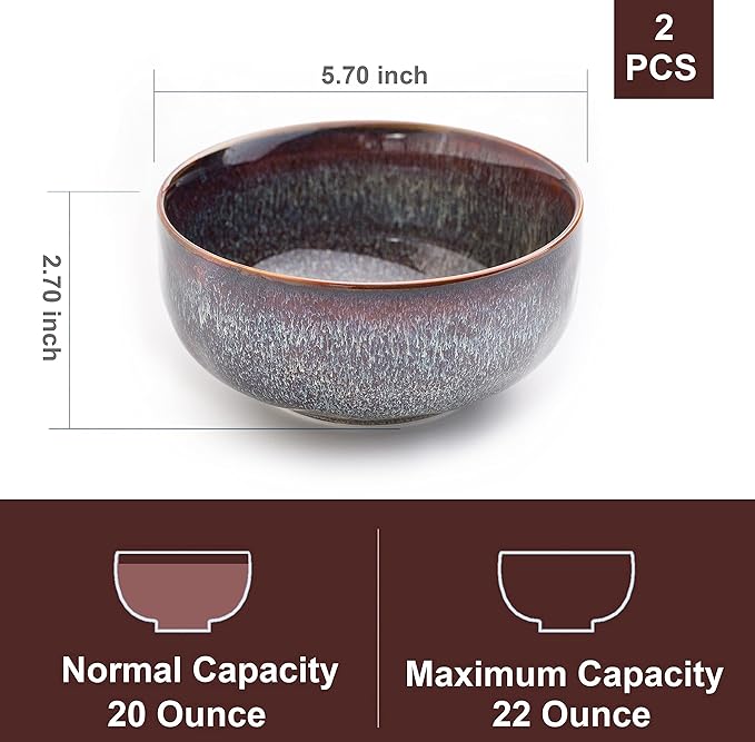 22 Ounce Serving Bowls Set - Ceramic Bowl Set of 2-5.75 inch for Salad, Soup,Cereal Bowls for Kitchen