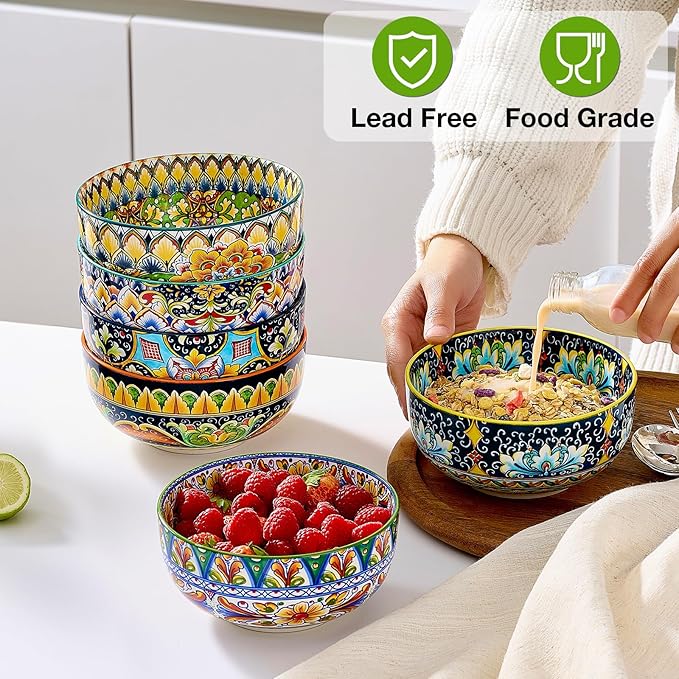 Ceramic Cereal Bowls Set of 6, 28 oz Bohemian Soup Bowl, Colorful Bowls Set for Kitchen, Dessert Bowls for Salad, Pasta, Oatmeal, Ramen, Oatmeal, Fruit, Dishwasher & Microwave Safe