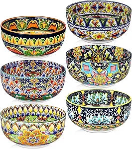 Ceramic Cereal Bowls Set of 6, 28 oz Bohemian Soup Bowl, Colorful Bowls Set for Kitchen, Dessert Bowls for Salad, Pasta, Oatmeal, Ramen, Oatmeal, Fruit, Dishwasher & Microwave Safe