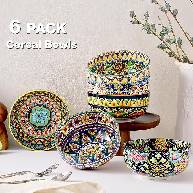 Ceramic Cereal Bowls Set of 6, 28 oz Bohemian Soup Bowl, Colorful Bowls Set for Kitchen, Dessert Bowls for Salad, Pasta, Oatmeal, Ramen, Oatmeal, Fruit, Dishwasher & Microwave Safe